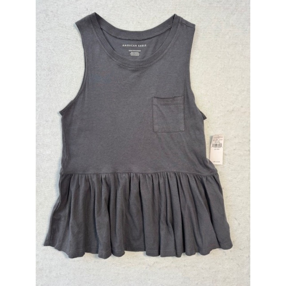 NEW American Eagle Peplum Top Blouse XXS Gray Ruffled Hem Sleeveless Pocket